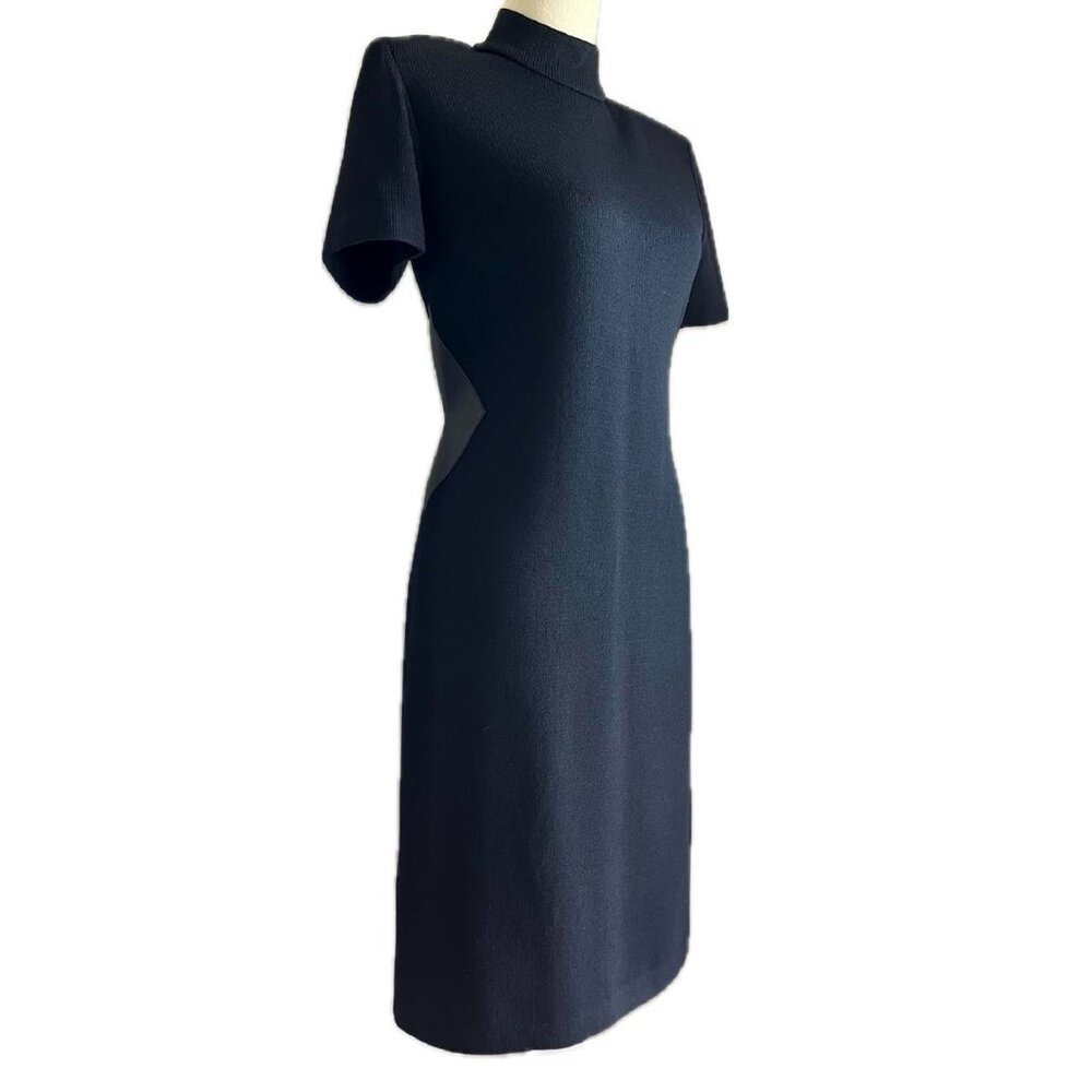 Vintage St. John Collection by Marie Gray Black Knit Mid-length dress leather SM